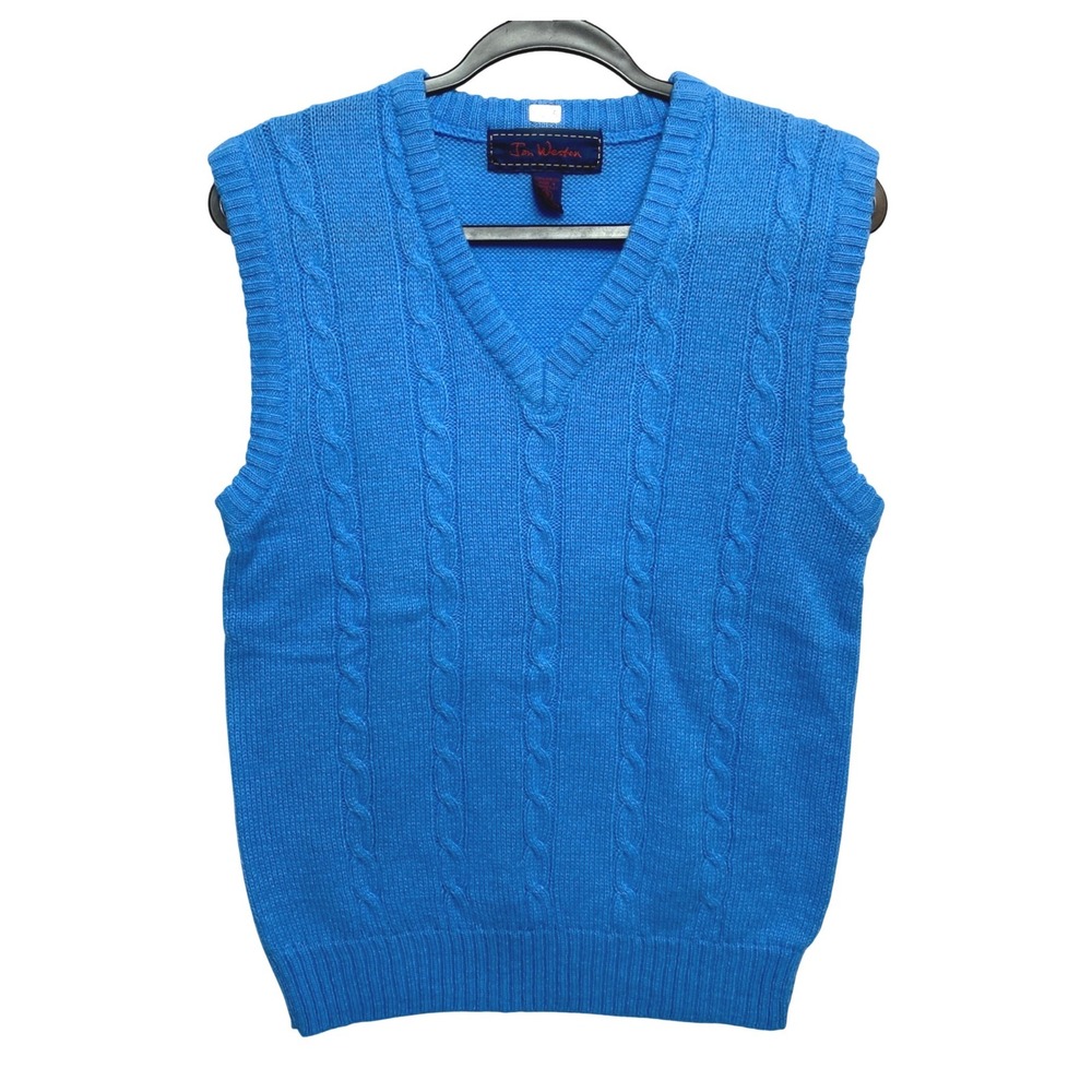 Vintage Jon Weston Sweater Vest Mens XL Blue Cable Knit V-Neck Acrylic